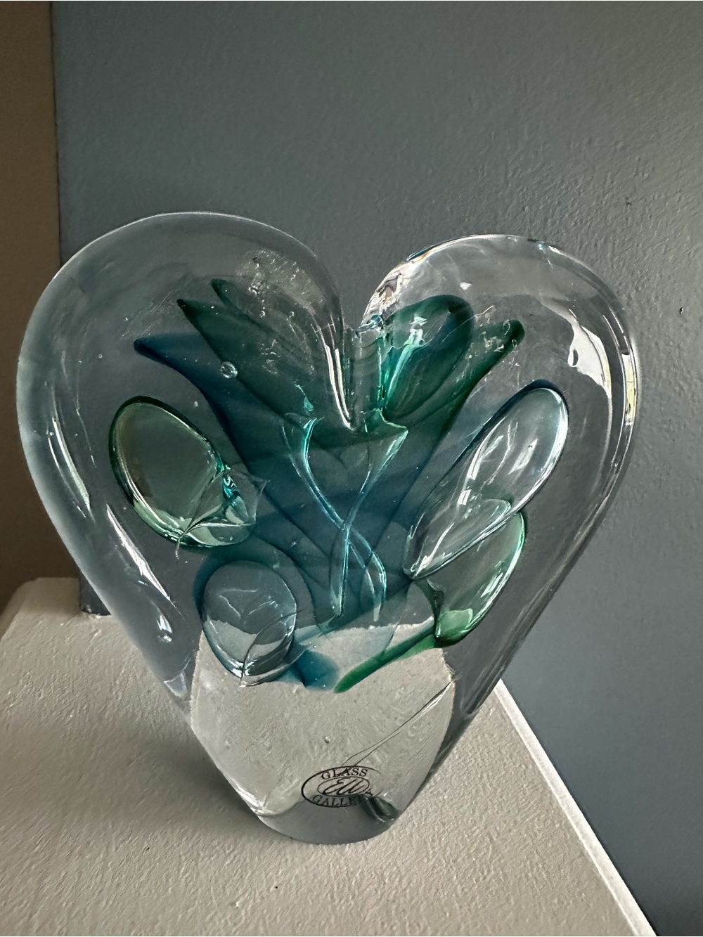 Handblown Glass Heart Sculpture in Teal, Blue and Clear